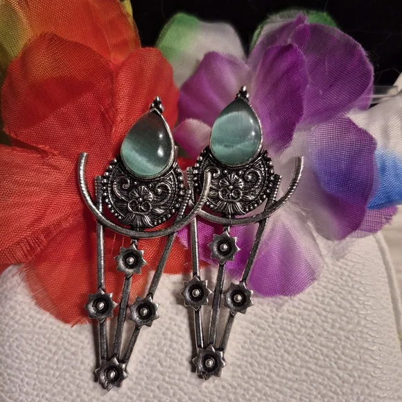 Silver and Green Bohemian Statement Earrings - Picture 4 of 4